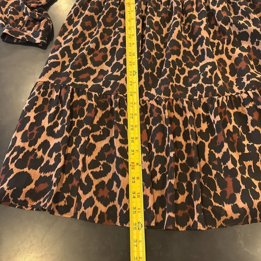 J Crew Leopard Print Dress tie neck tiered in crinkle chiffon pullover Sz Medium